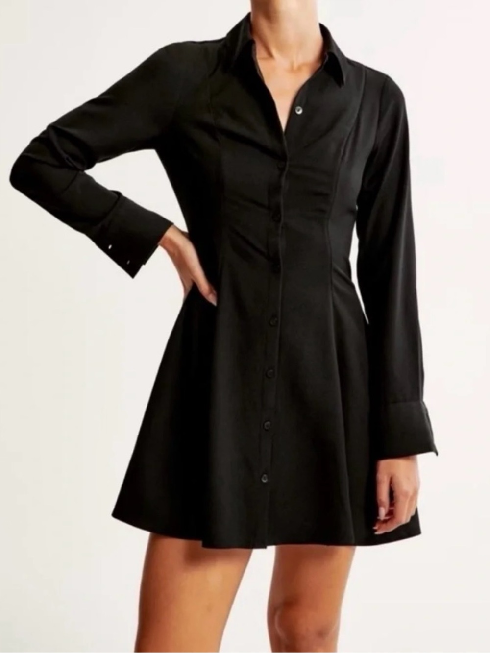 Long-Sleeve Poplin Nipped-Waist Mini Shirt Dress
